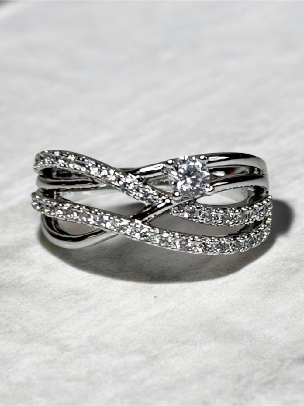 Avon Silver Tone Four Band Crossover Pavé CZ Ring NIB Size 6
